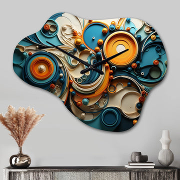 Teal Yellow Abstract Fractal Collage Melodies II - Asymmetric Metal Wall Clock